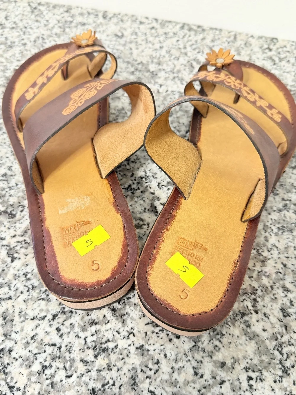 Women’s Brown Floral Leather Slide Sandals mexico sz 5 US sz 8 - Picture 4 of 9